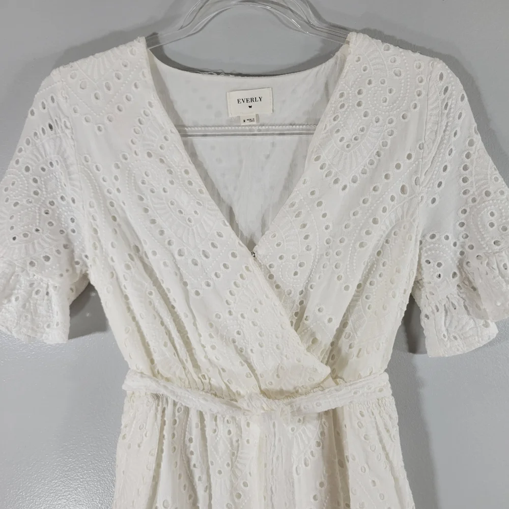 EVERLY white eyelet surplice faux wrap belted cotton ruffle hem romper